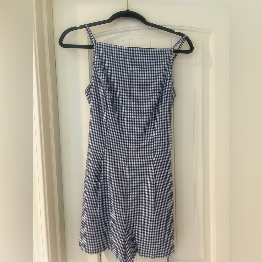 Blue and White Gingham Caroline Constas Romper with tie belt. NWT. Size XS
